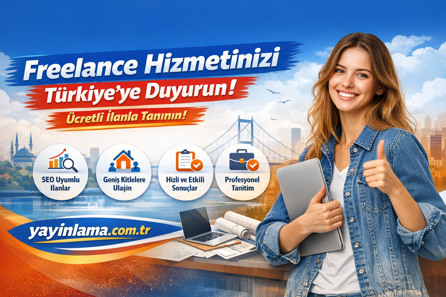 Gülen genç kadın, dizüstü bilgisayarını tutarken renkli reklam bannerında freelance hizmetlerini Türkiye'ye duyuru mesajı veriyor.