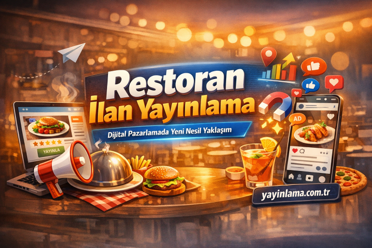 Turkish restaurant ad banner promoting posting a listing, with burger, laptop, phone and social icons in a bright, techy layout.