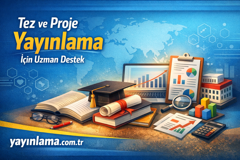 Turkish ad banner offering expert support for thesis and project publishing, with books, graduation cap, charts on a laptop, and a world map background