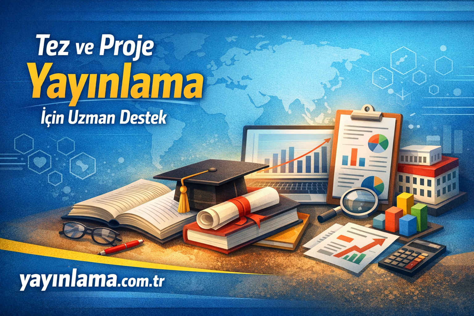 Turkish ad banner offering expert support for thesis and project publishing, with books, graduation cap, charts on a laptop, and a world map background