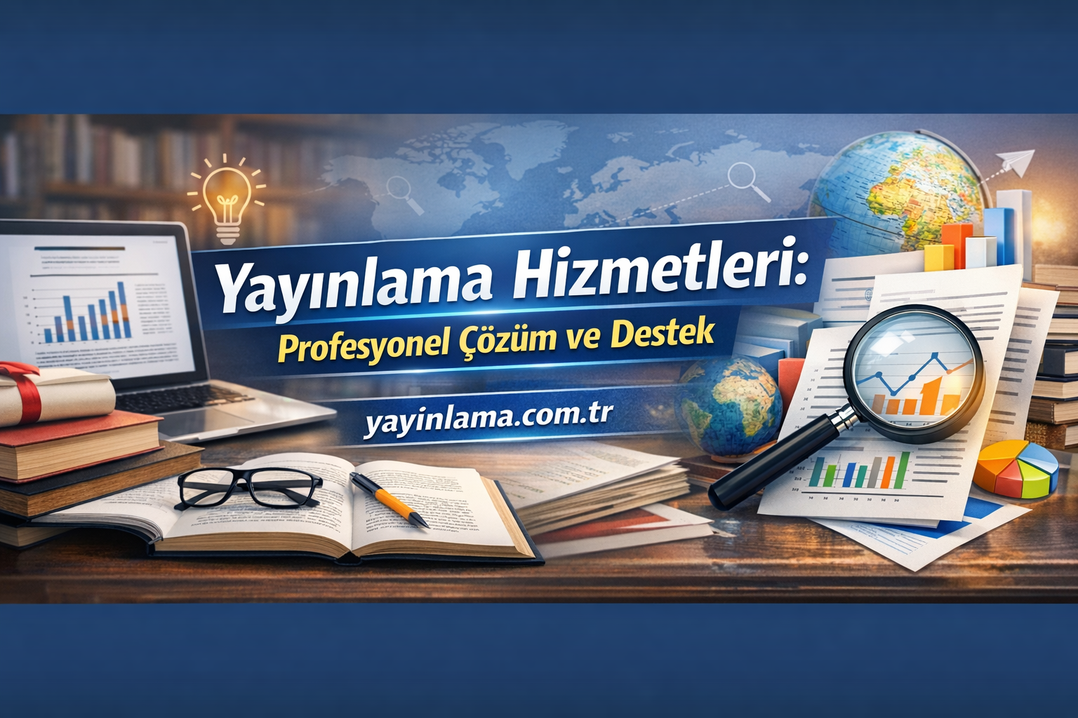 Yayınlama Hizmetleri: Profesyonel Çözüm ve Destek yazılı banner; dünya haritası, küre, grafikler ve masada dizüstü bilgisayar bulunuyor.