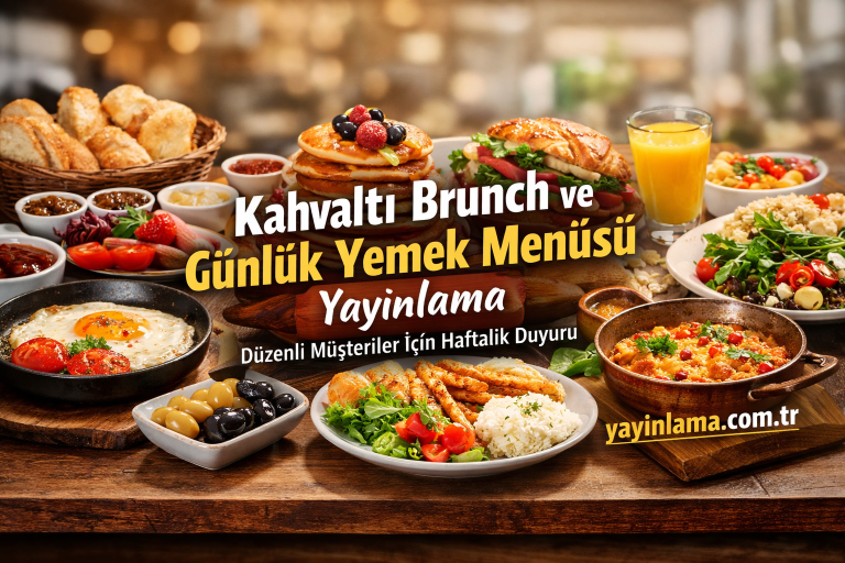 Promotional banner showing a large brunch spread with breads, eggs, salads, and drinks; Turkish text advertises Kahvaltı Brunch ve Günlük Yemek Menüsü