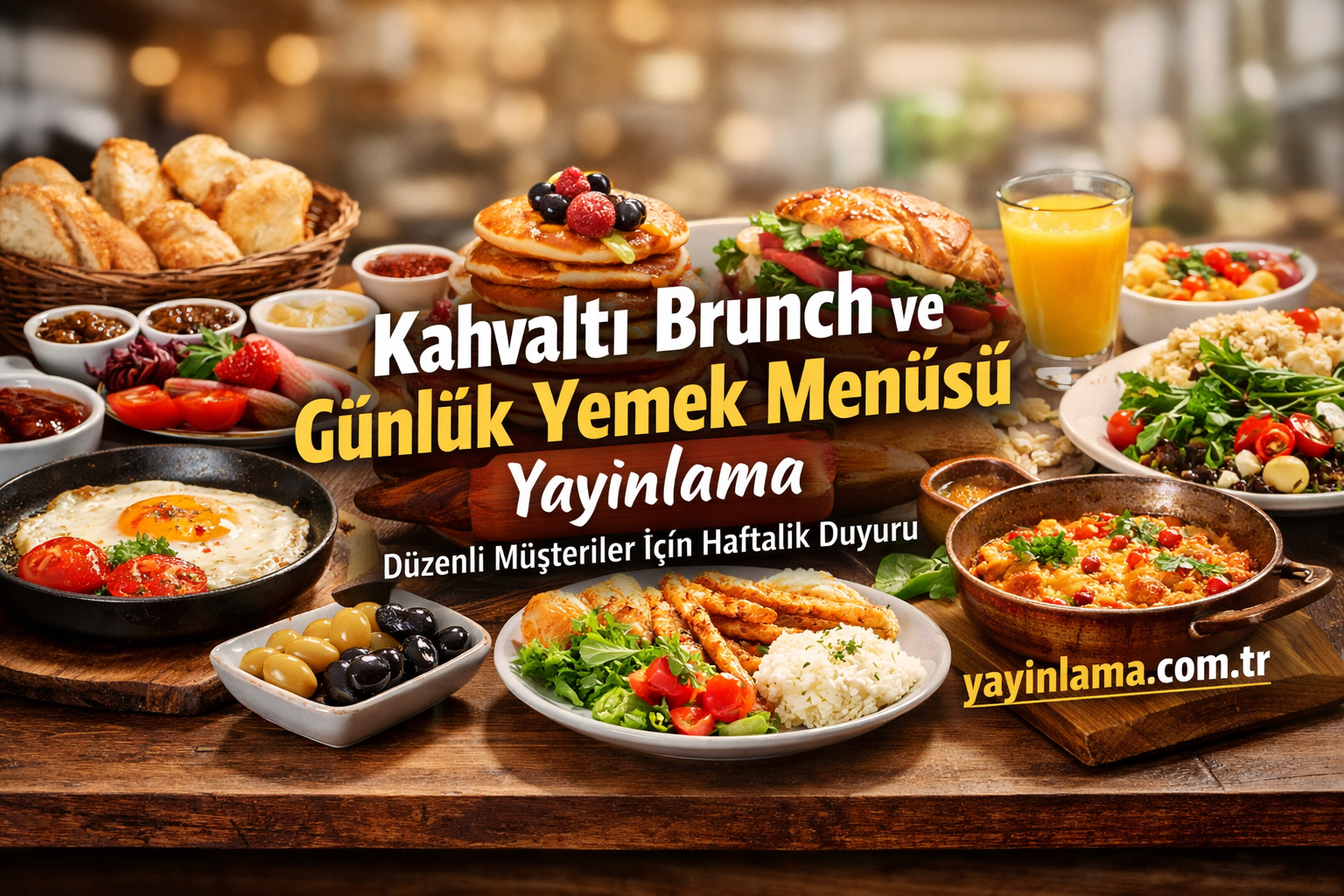 Kahvaltı Brunch ve Günlük Yemek Menüsü Yayınlama - Yayınlatmak İstiyorum Promotional banner showing a large brunch spread with breads, eggs, salads, and drinks; Turkish text advertises Kahvaltı Brunch ve Günlük Yemek Menüsü
