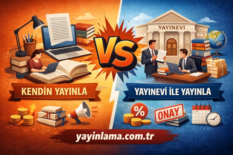 Colorful split graphic showing self-publishing on the left with books, laptop, desk lamp, and coins; traditional publishing on the right with a publisher building, editors, and stacked books; site yayinlama.com.tr at the bottom.