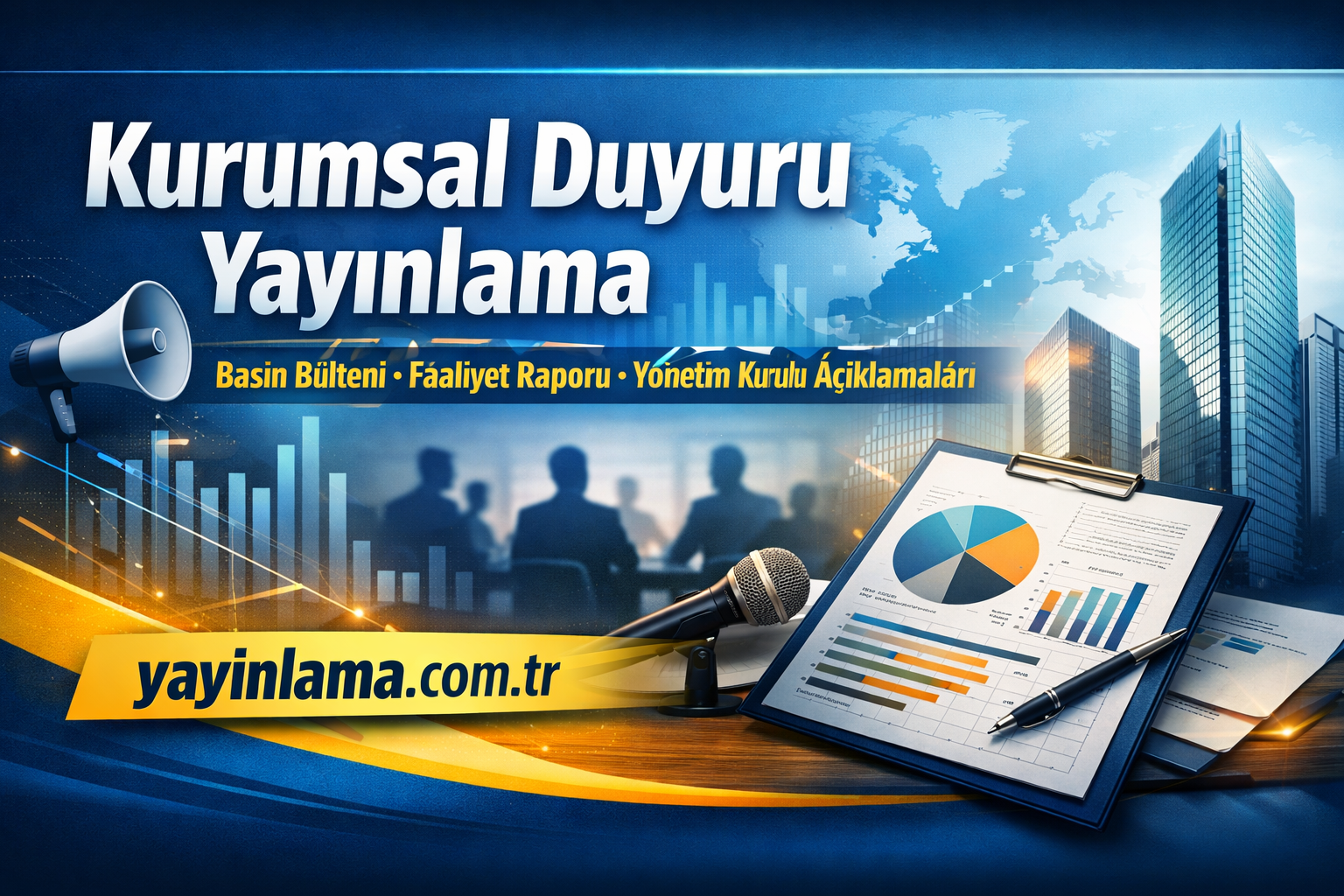 Kurumsal Duyuru Yayınlama Basın Bülteni Faaliyet Raporu Yönetim Kurulu Açıklamaları - Yayınlatmak İstiyorum Corporate announcement banner with a clipboard showing charts, a microphone, and a megaphone; yayinlama.com.tr