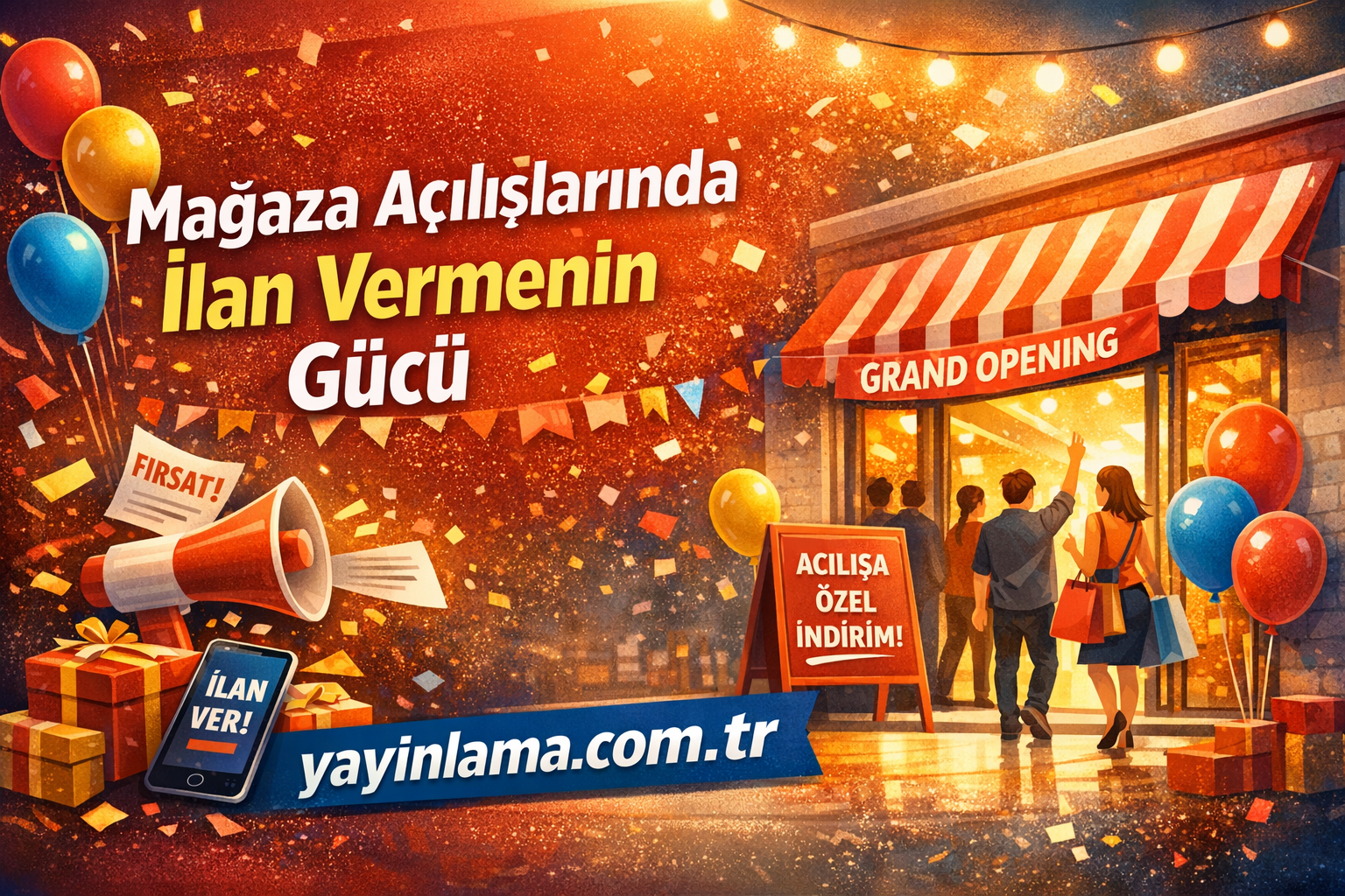 Storefront grand opening celebration with balloons, confetti, and people entering the shop; includes 'GRAND OPENING' and Turkish headline text.
