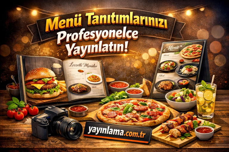 Promotional banner for menu promotions; burgers, pizza, skewers and salads on display with menus and a camera, plus yayinlama.com.tr text.