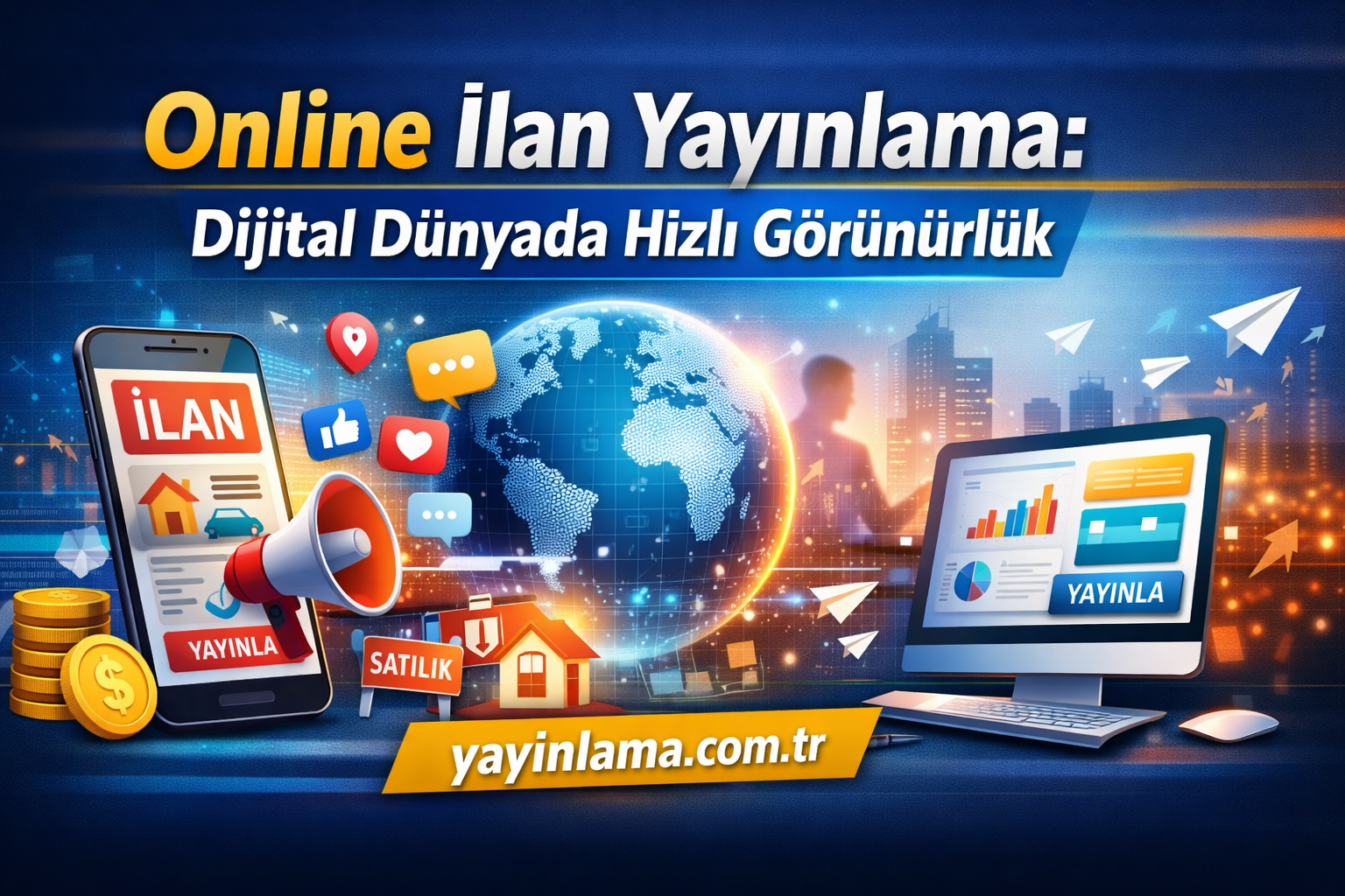 Online İlan Yayınlama Dijital Dünyada Hızlı Görünürlük - Yayınlatmak İstiyorum Online ilan yayinlama—telefon, megafon ve bilgisayar ekranıyla dijital görünürlük simgesi; 'Yayınla' ve 'Satılık' ibareleriyle reklam teması.