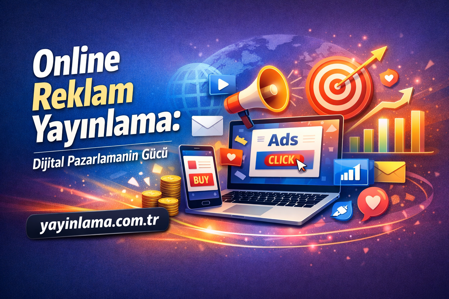 Promotional image for online advertising with a laptop showing 'Ads', a large click button, megaphone, target, globe, charts, and 'yayinlama.com.tr' URL.