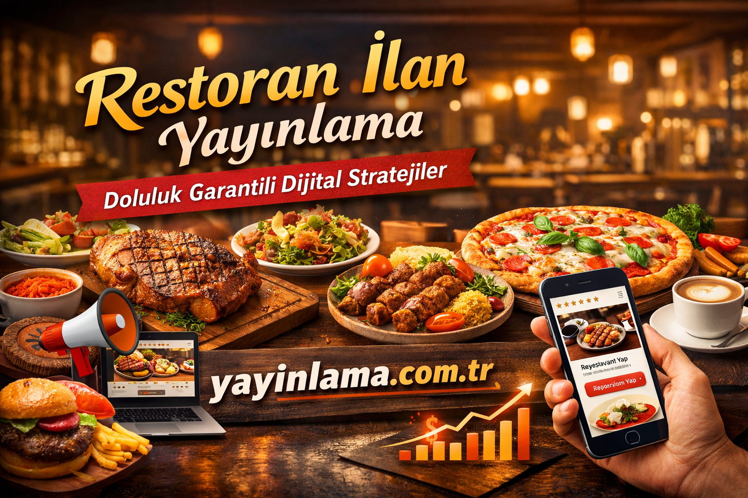 Restoran pazarlama afişi: dijital stratejilerle ilgili yazılar ve çeşitli yemekler ön planda olan reklam görseli.