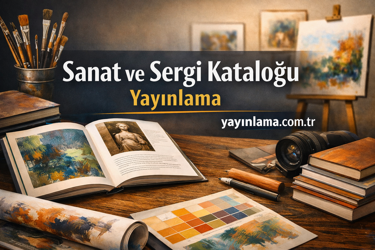 Sanat ve Sergi Kataloğu Yayınlama - Yayınlatmak İstiyorum Sanat ve Sergi Kataloğu Yayınlama başlığıyla, ressam aletleri, açık kitap ve kamera lensinin bulunduğu sanat stüdyosuyle promosyon bannerı. yayınlama.com.tr yazısı da görselde yer alıyor.