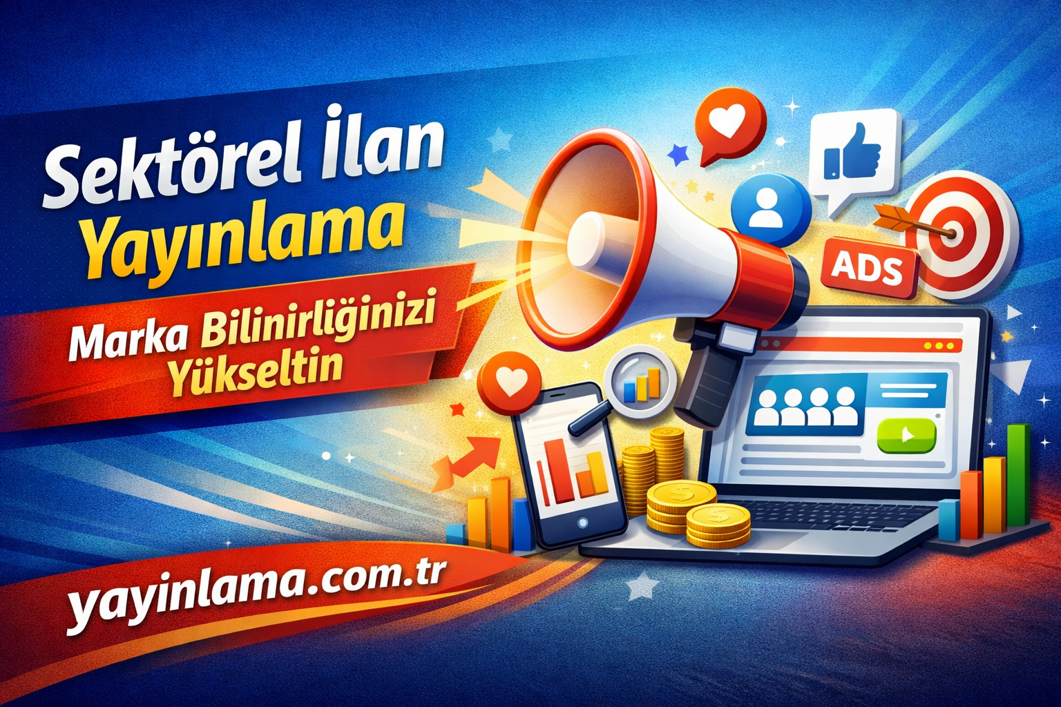 Turkish promotional banner for brand advertising: megaphone, laptop showing a website, coins and charts on a blue background.
