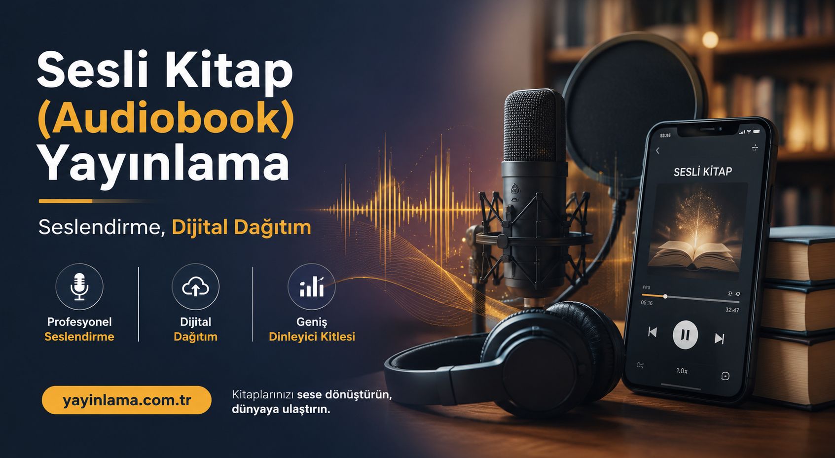 Sesli Kitap Audiobook Yayınlama - Yayınlatmak İstiyorum Banner promoting Sesli Kitap: Audiobook publishing, with microphone, headphones, and a phone showing the app; highlights include professional narration, digital distribution, and broad listener reach. URL: yayinlama.com.tr