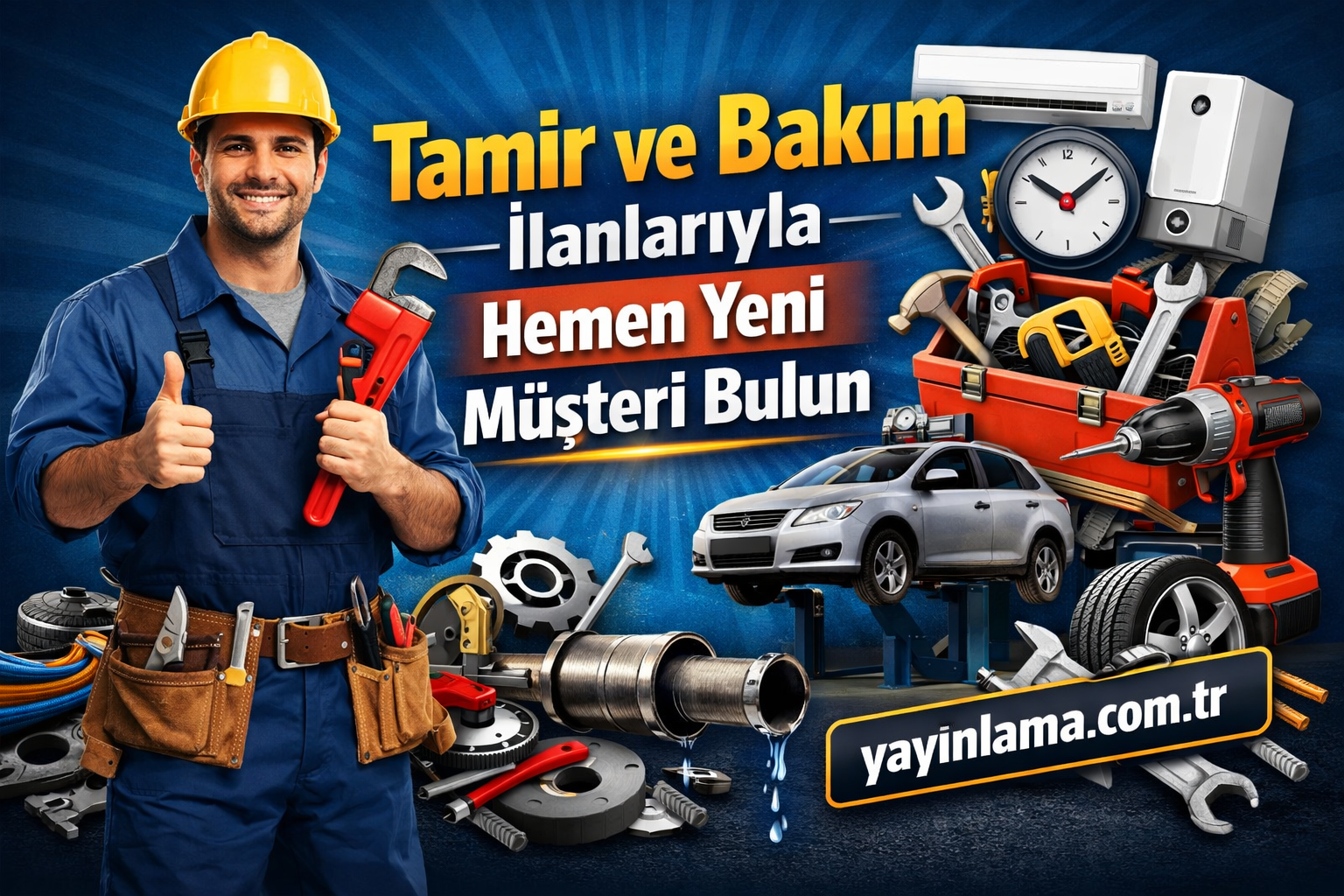 Tamir ve Bakım İlanlarıyla Hemen Yeni Müşteri Bulun - Yayınlatmak İstiyorum Smiling male technician in blue overalls and hard hat holding red tools, with a repair-themed ad banner in Turkish promoting new customers and yayinlama.com.tr