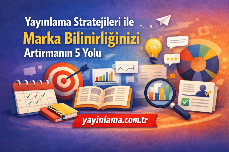 Turkish banner advertising publishing strategies to increase brand awareness, with charts, a target, books, and yayinlama.com.tr