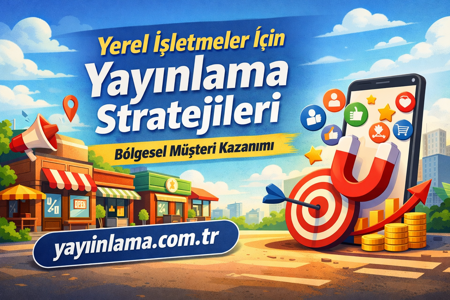 Banner promoting local publishing strategies with a smartphone, magnet, shops, and Turkish text: 'Yayınlama Stratejileri'/'Bölgesel Müşteri Kazanımı'.
