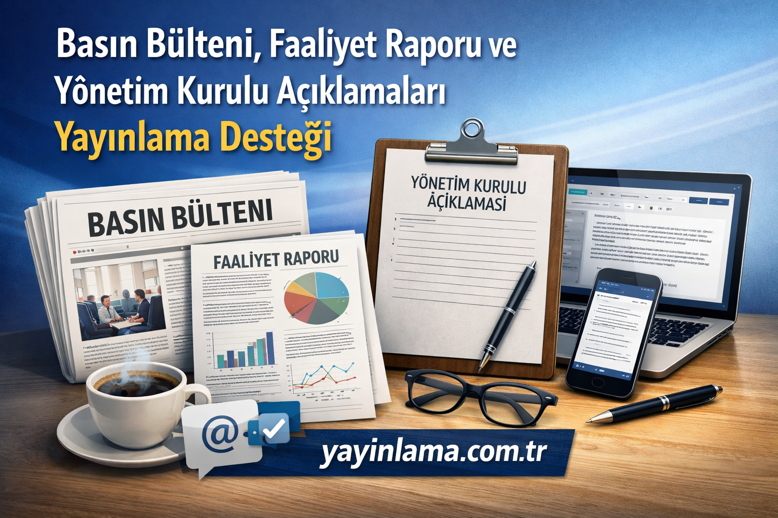 Turkish business banner with Basın Bülteni and Faaliyet Raporu headlines, a clipboard note labeled YÖNETİM KURULU AÇIKLAMASI, stacked newspapers, a laptop, phone, coffee, glasses, pen, and yayinlama.com.tr prominent at the bottom.