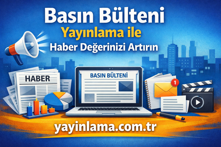Turkish ad promoting press release publishing to boost news value, showing a laptop, newspapers, and a city skyline with the site yayımlama.com.tr