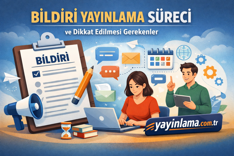 Turkish banner showing the notice publication process with a clipboard, laptop, calendar, and two people working, labeled 'Bildirİ Yayınlama Süreci'