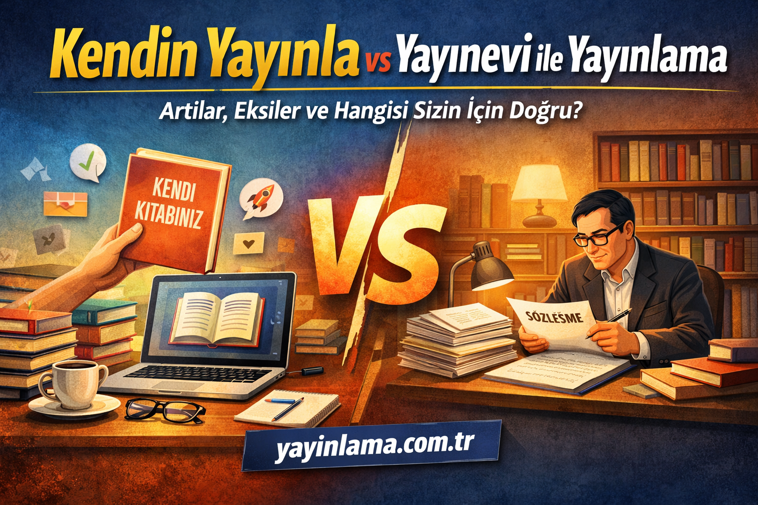 Kendin Yayınla Self-Publishing vs Yayınevi ile Yayınlama - Yayınlatmak İstiyorum Split-fantasy banner showing a choice between self-publishing and traditional publishing, with a laptop, books, and a budding manuscript on the left and a well-dressed man reviewing a contract on the right.