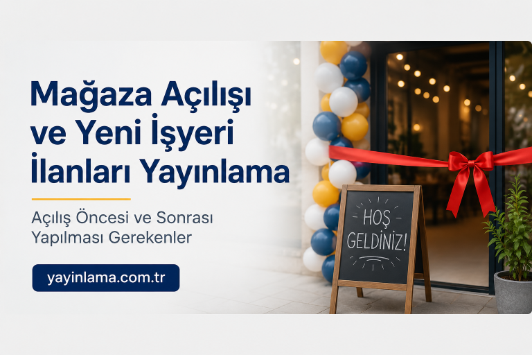 Türkçe mağaza açılışı duyuru bannerı: büyük mavi başlık, balonlarla süslenmiş kapı önü ve kırmızı kurdele; chalkboard'da hoş geldiniz yazısı ve site bağlantısı.
