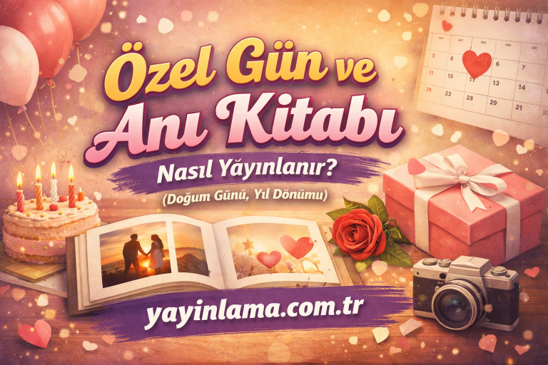 Turkish celebration banner: text 'Özel Gün ve Anı Kitabı' with cake, gift box, photo album, camera and rose icons on a festive background