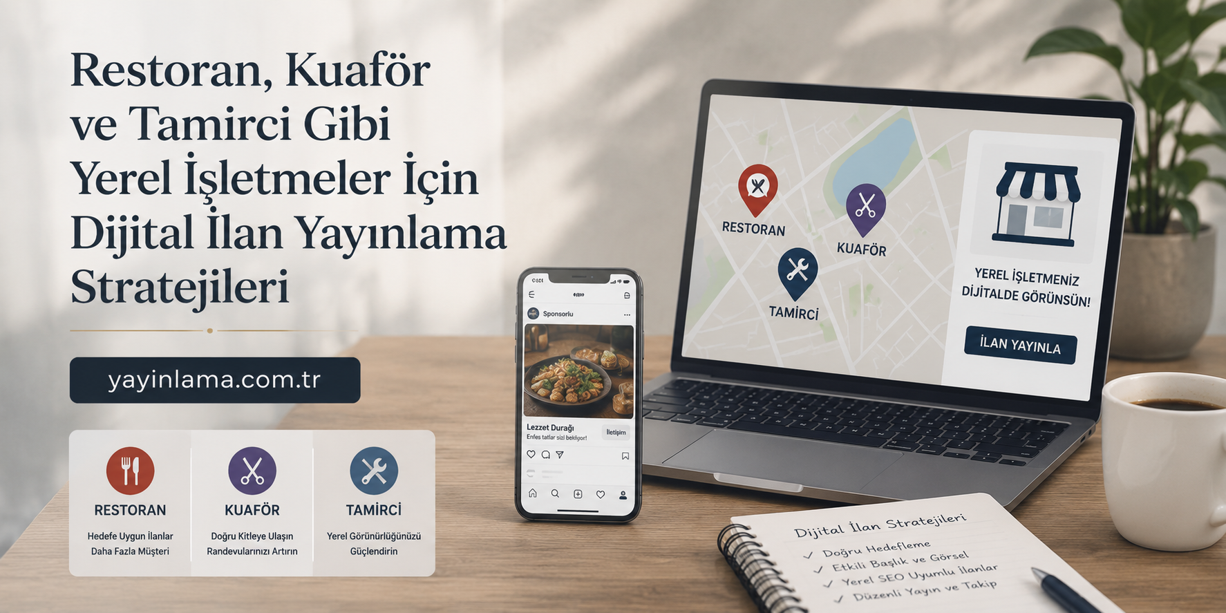 Turkish marketing banner promoting local business digital listing strategies with a laptop, phone, and map icons on a desk.