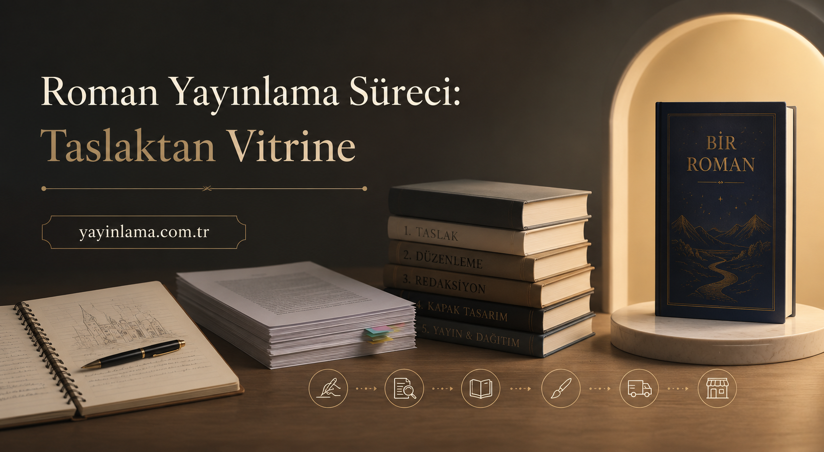 Roman Yayınlama Süreci - Yayınlatmak İstiyorum Roman Yayınlama Süreci: Taslaktan Vitrine — yayinlama.com.tr adresli, masa üzerinde kitaplar ve not defteriyle görsel.