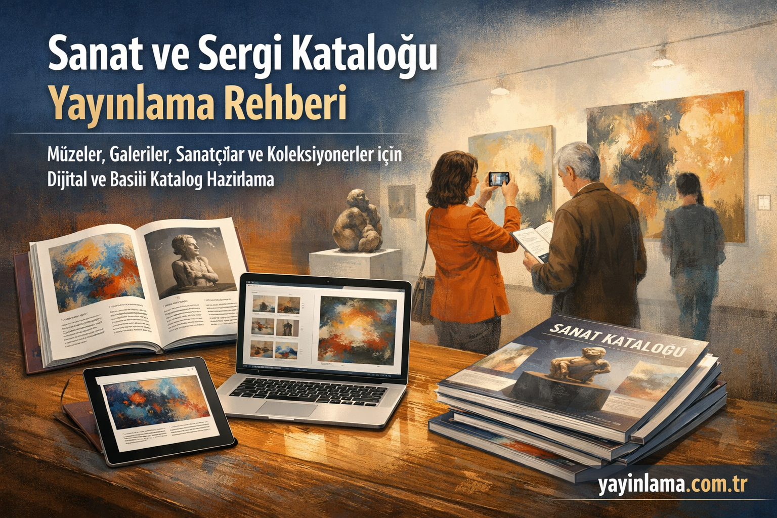 Sanat ve Sergi Kataloğu Yayınlama Rehberi - Yayınlatmak İstiyorum Turkish banner showing an art gallery scene with visitors, a laptop, tablet and stacked art catalogs on a wooden table, announcing an art and exhibition catalog publishing guide.