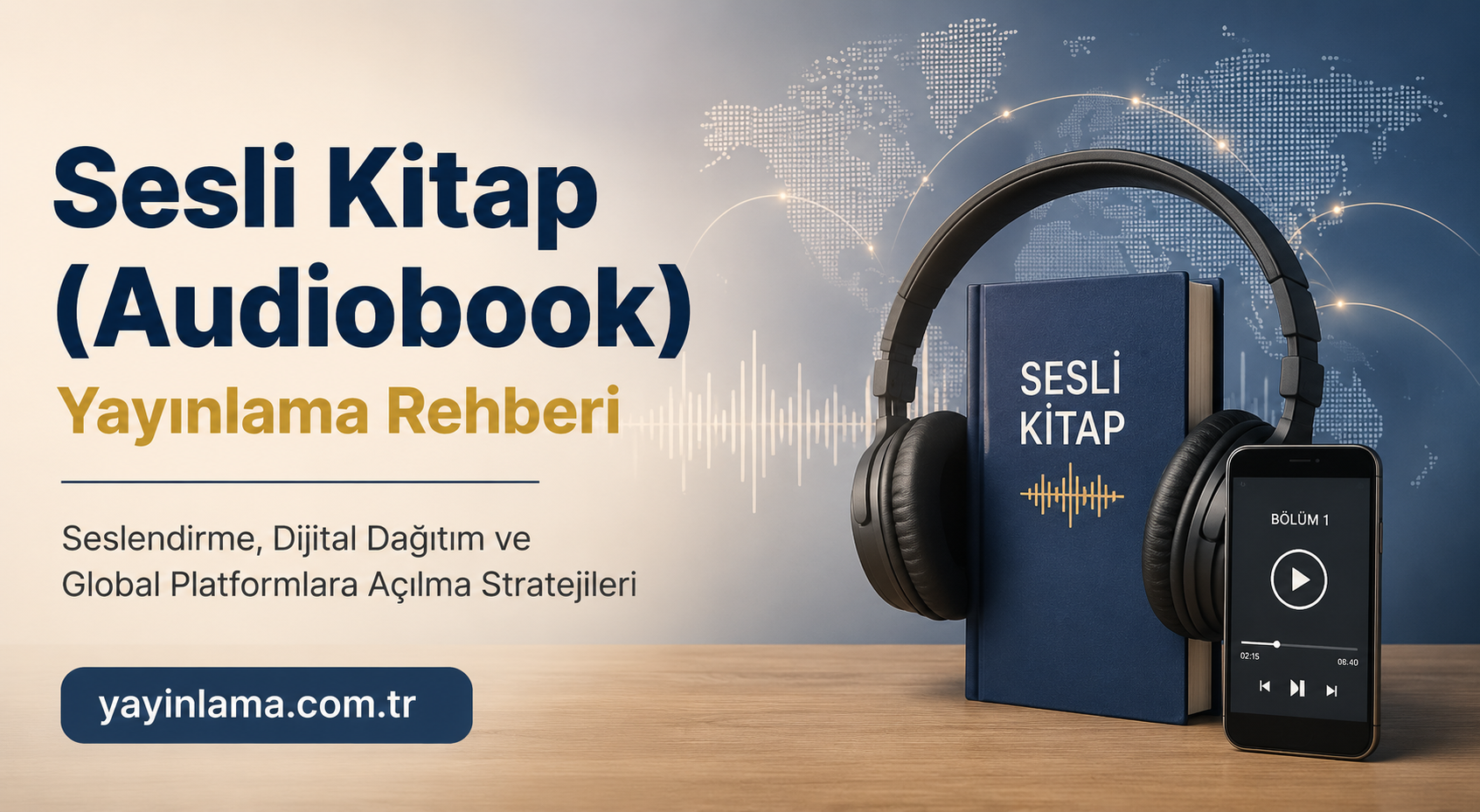 Sesli Kitap Audiobook Yayınlama Rehberi - Yayınlatmak İstiyorum Banner advertising Sesli Kitap (Audiobook) Publishing Guide with headphones, a blue book, a smartphone, and a world map backdrop.
