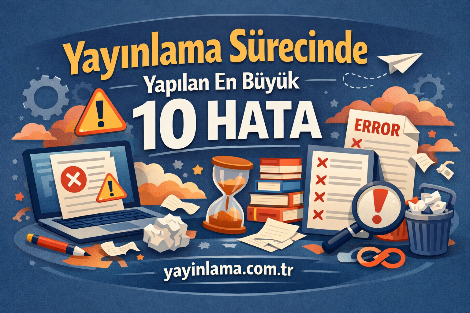 Poster about publishing mistakes: large '10 HATA' text with laptop showing a warning, hourglass, books, scattered papers, magnifying glass, trash can, and paper plane.