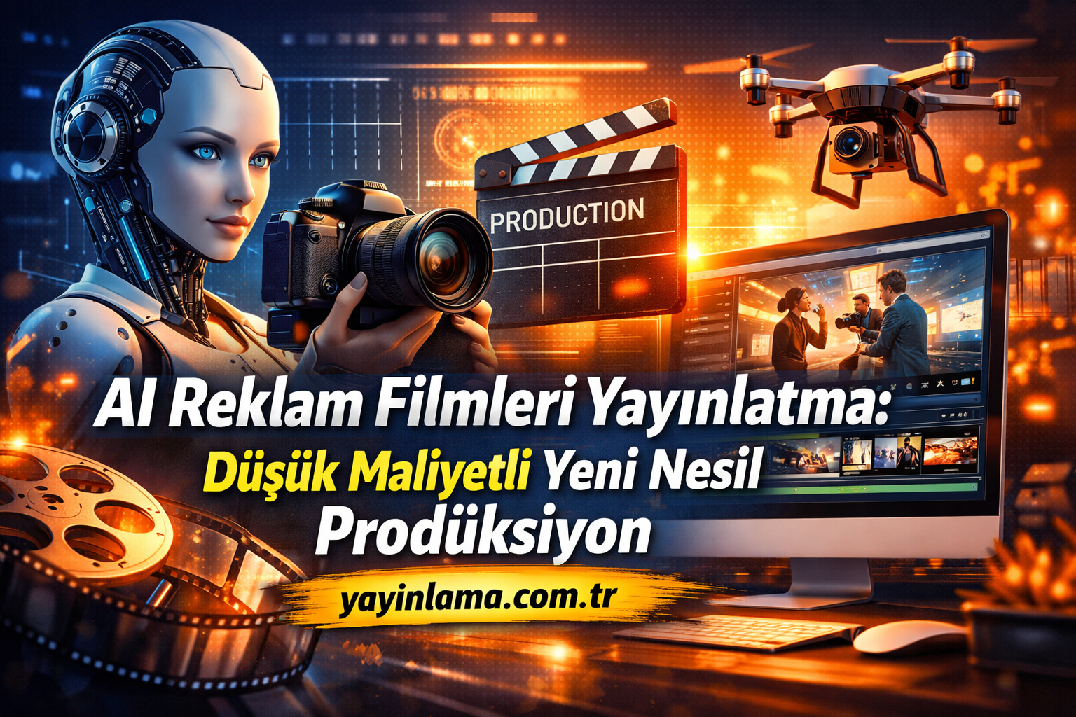 Futuristic robot cameraman with a drone, clapperboard, and editing monitor on a glowing production set; Turkish ad for AI-driven film production.