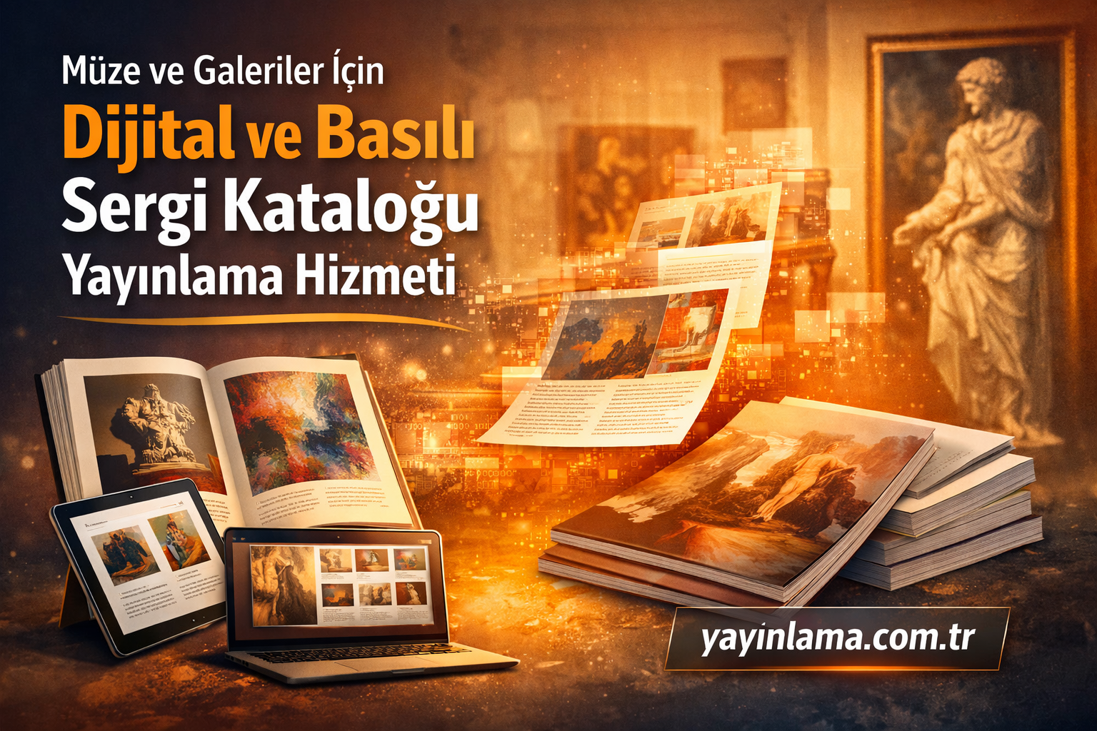 Müze ve Galeriler İçin Dijital ve Basılı Sergi Kataloğu Yayınlama - Yayınlatmak İstiyorum Promo banner for museum and gallery publishing services: digital and print exhibition catalogs, with open books and devices glowing in orange light.