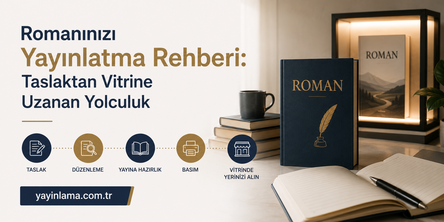 Romanınızı Yayınlatma Rehberi - Yayınlatmak İstiyorum Turkish banner for a self-publishing guide: 'Romaninizi Yayinlatma Rehberi' with five step icons from draft to display and a blue ROMAN book on the right.