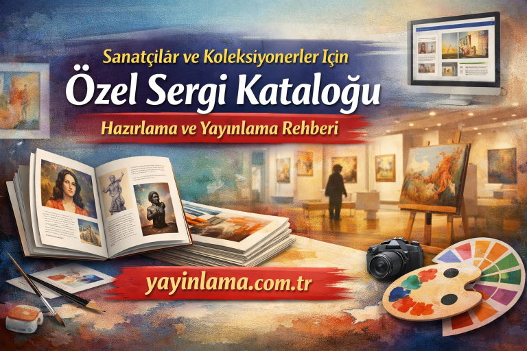 Promotional banner for a special exhibition catalog, showing an open art book, painting studio scene, and art supplies, with text about preparing and publishing the catalog (yayinlama.com.tr) in Turkish.