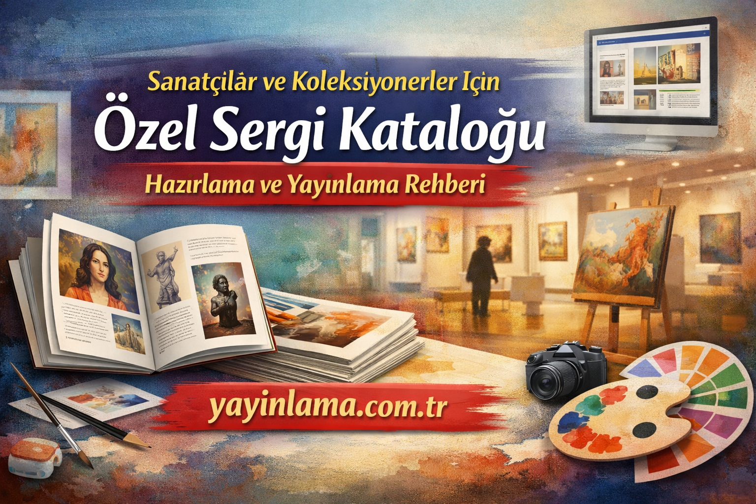 Sanatçılar ve Koleksiyonerler İçin Özel Sergi Kataloğu Hazırlama ve Yayınlama Rehberi - Yayınlatmak İstiyorum Promotional banner for a special exhibition catalog, showing an open art book, painting studio scene, and art supplies, with text about preparing and publishing the catalog (yayinlama.com.tr) in Turkish.