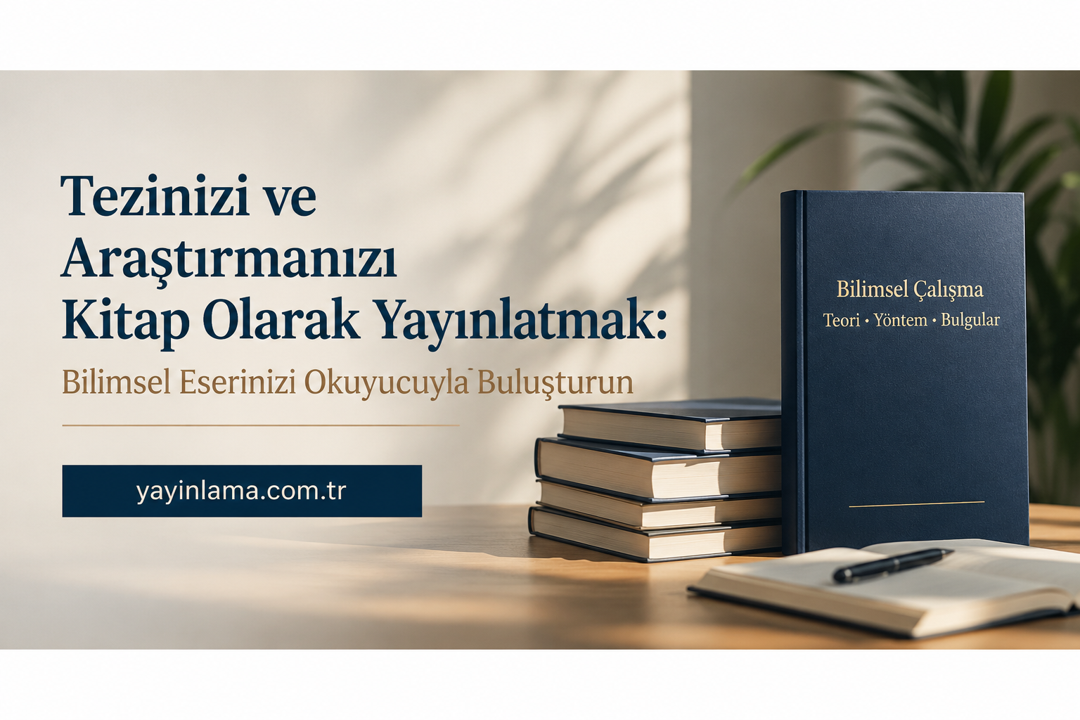 Tezini kitap olarak yayımlatmayı teşvik eden Türkçe reklam görseli; masada kitaplar ve not defteriyle tasarlanmış sahne。