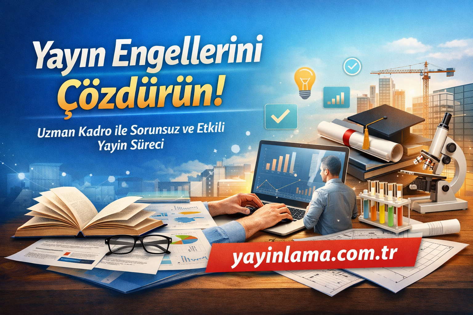 Turkish ad banner: desk with books, laptop showing charts, graduation cap, microscope, and cityscape; promotes publishing services at yayinlima.com.tr (Yayın Engellerini Çözünüz!).