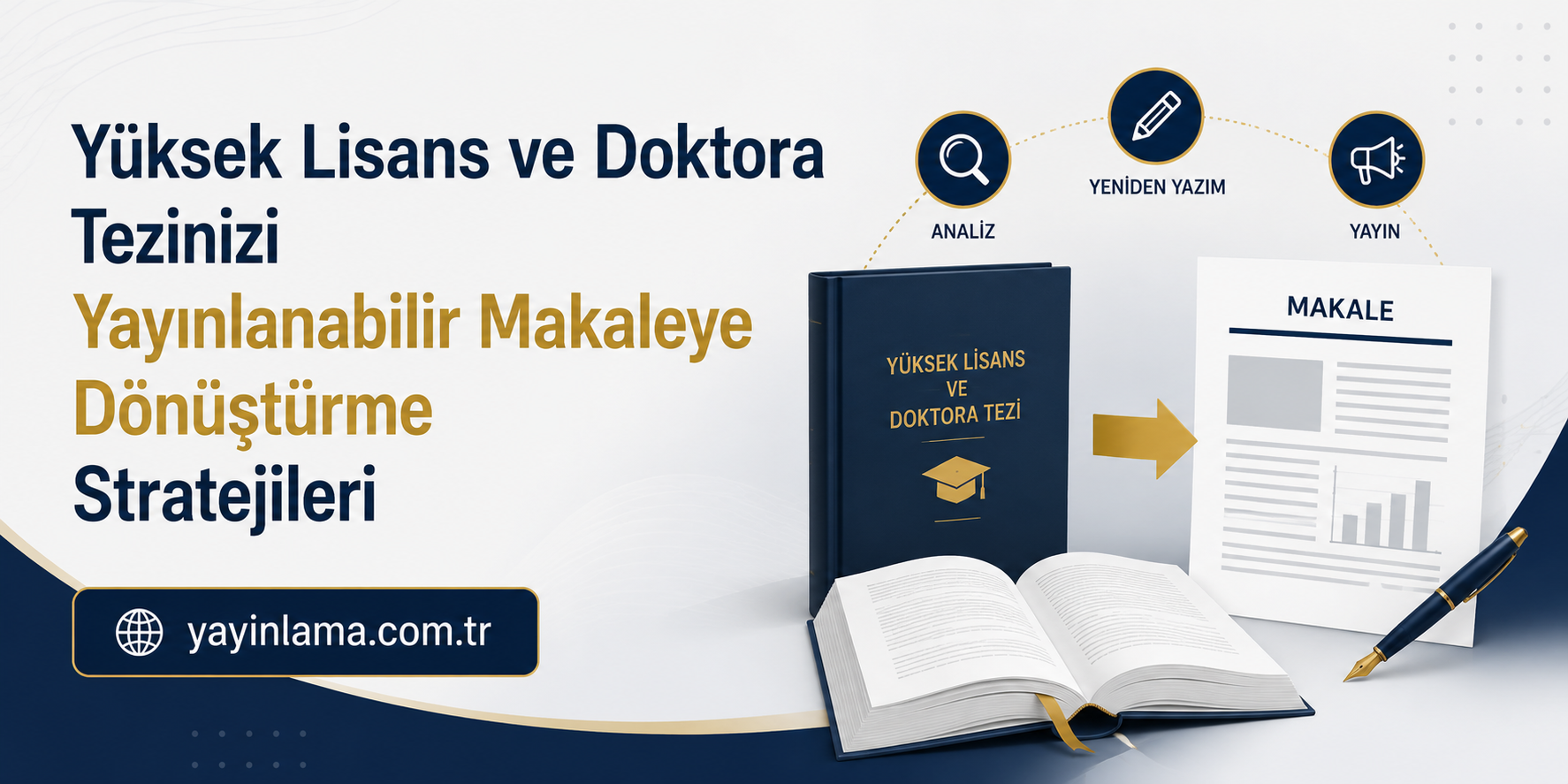 Yüksek Lisans - Yayınlatmak İstiyorum Turkish banner promoting publishing your master’s or doctoral thesis, showing a navy book, open pages, a document, a pen, and yayinlama.com.tr button.