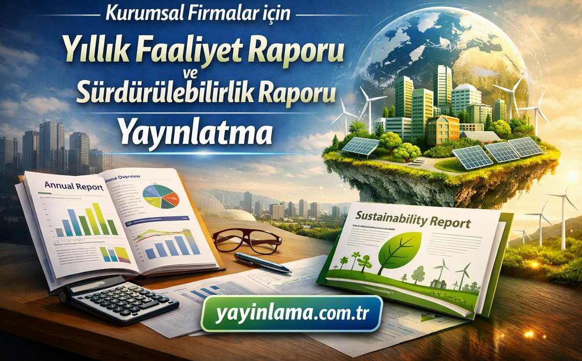 Turkish poster showing annual and sustainability reports with charts and a globe, wind turbines, solar panels, and a cityscape; website yayinlama.com.tr is displayed.