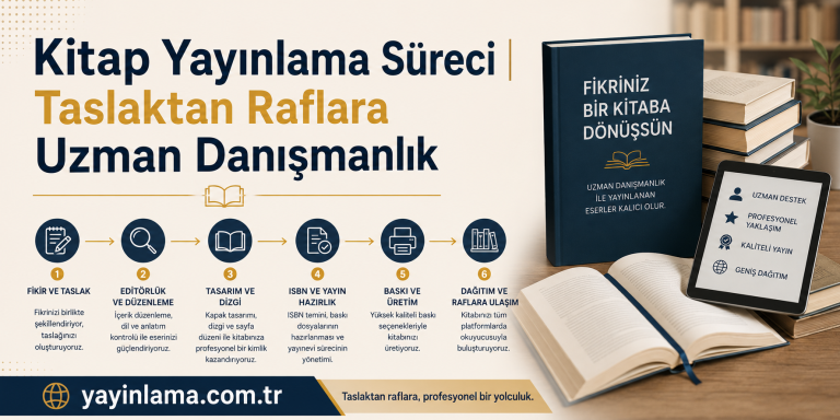 Turkish infographic poster titled 'Kitap Yayımlama Süreci' showing six steps with icons and captions from idea to distribution on a book-themed background.