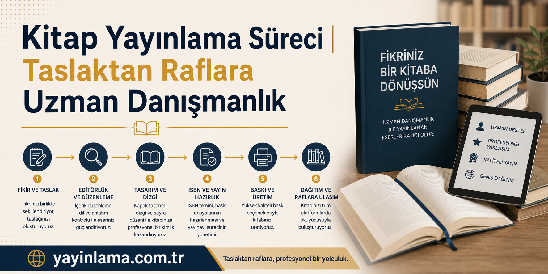 Kitap Yayınlama Süreci - Yayınlatmak İstiyorum Turkish infographic poster titled 'Kitap Yayımlama Süreci' showing six steps with icons and captions from idea to distribution on a book-themed background.