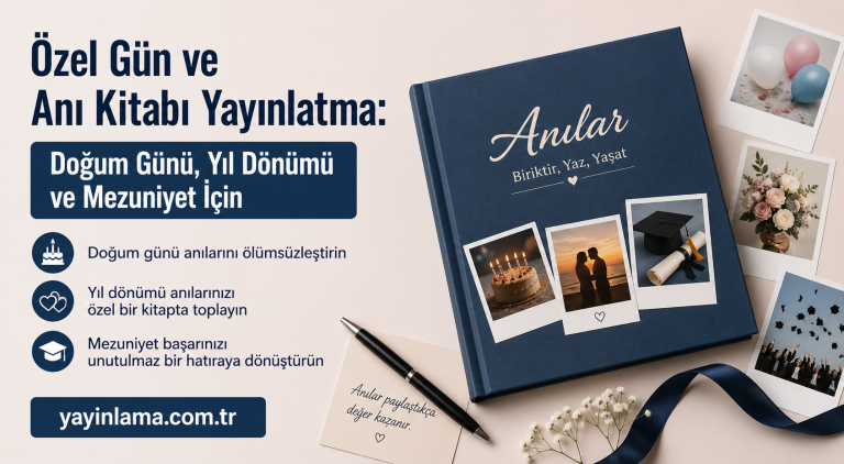 Özel günler için anı kitabı yayımlatma reklamı: doğum günü, yıl dönümü ve mezuniyet için hazırlanmış görsel.