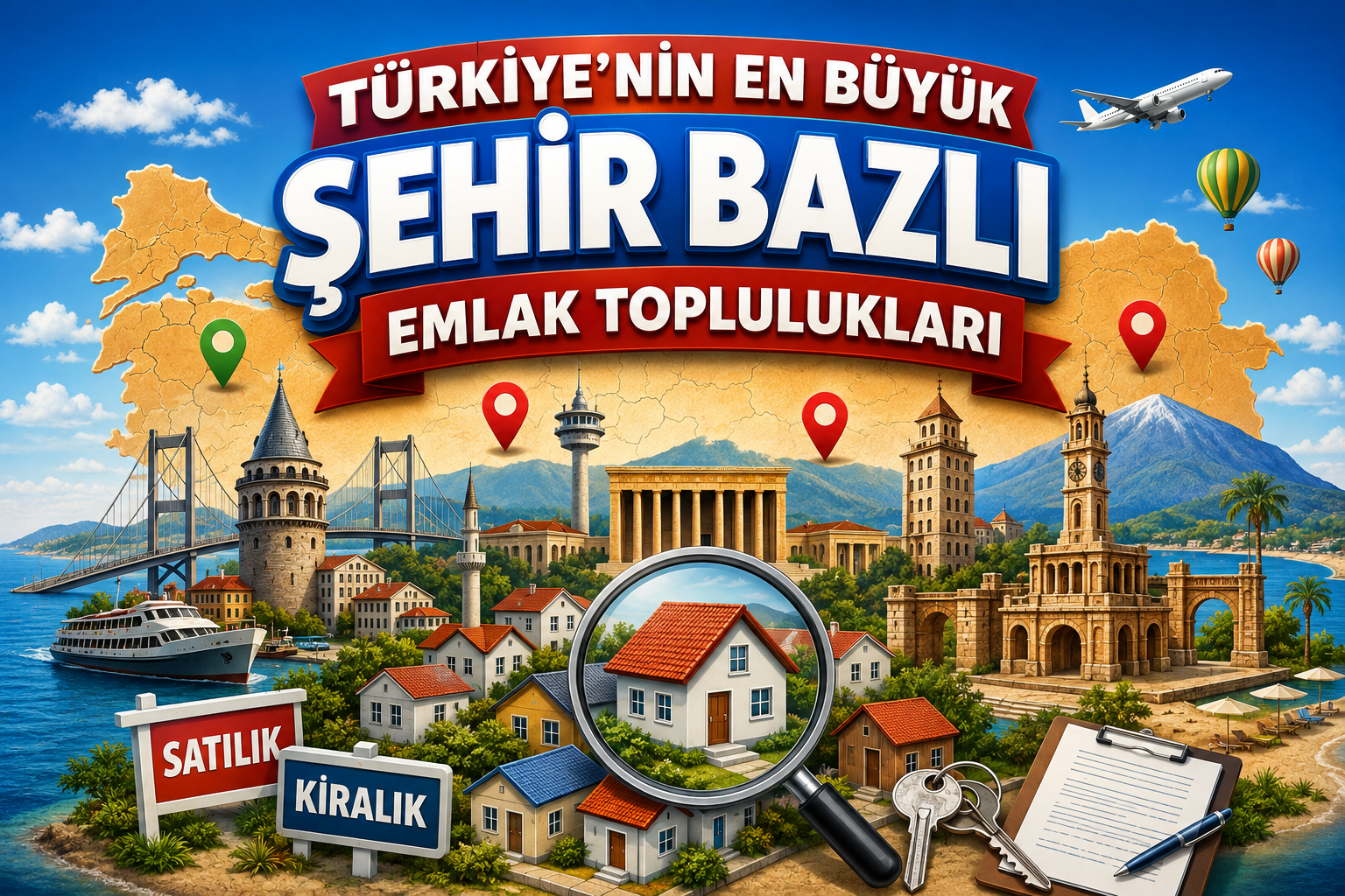 Colorful Turkey map collage with landmarks, map pins, planes and a magnifying glass focusing on a house for sale or rent.