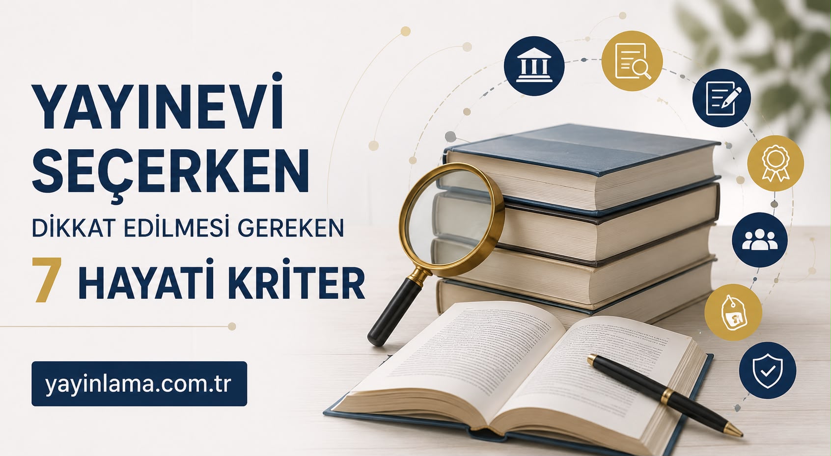 Yayınevi Seçerken Dikkat Edilmesi - Yayınlatmak İstiyorum Promotional banner about choosing a publisher: stack of books, magnifying glass, open book and pen with Turkish text about 7 life criteria; site yayinlama.com.tr