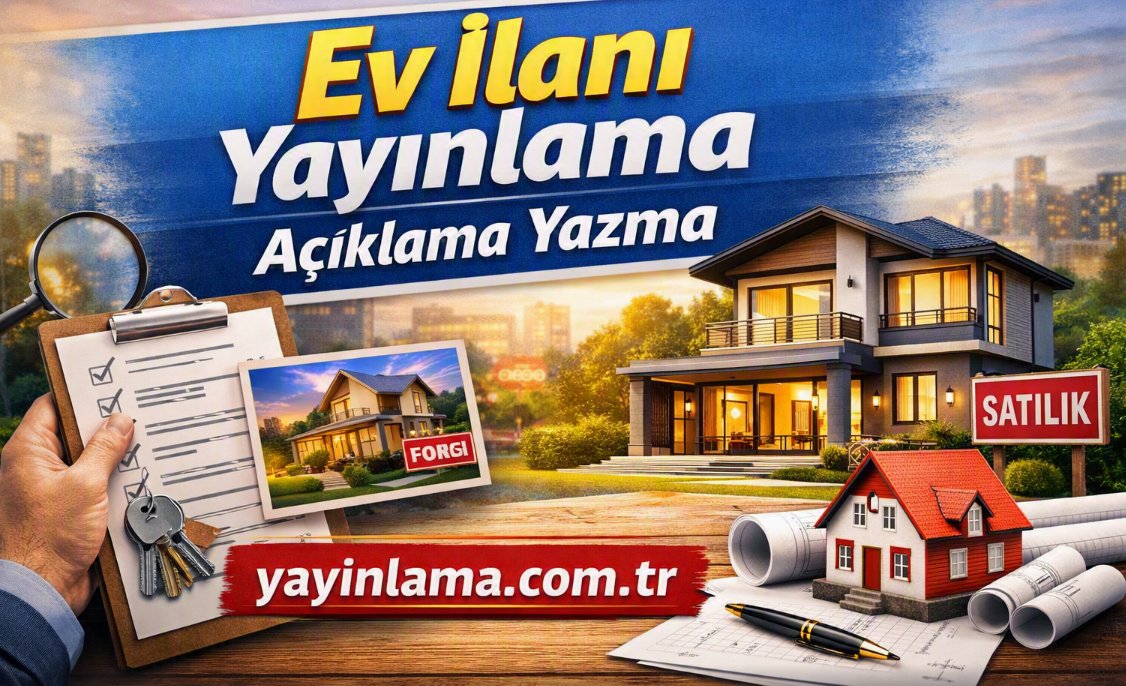 yayinlama - Yayınlatmak İstiyorum Turkish real estate ad promoting listing publishing, showing a modern two-story house, a 'SATILIK' sign, clipboard with a checklist, and blue banner text 'Ev ilanı Yayımlama' and the URL yayinlama.com.tr